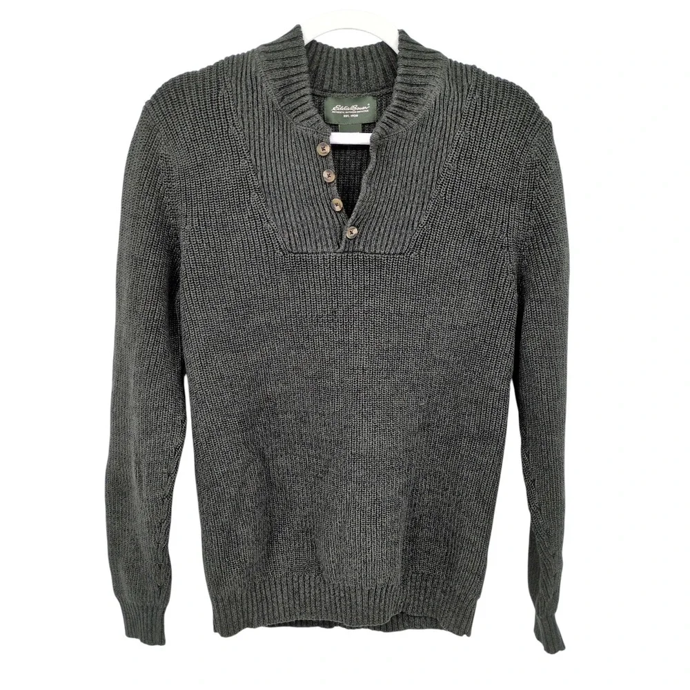 Eddie Bauer Men's Shawl Collar Sweater Green 100% Cotton Small Chunky Outdoor